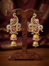 Regal Peacock Motif Double-Tier Jhumka Earrings with Ruby-Emerald Stones
