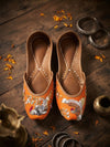 Artisanal Handcrafted Orange Embroidered Ethnic Juttis / Mojri
