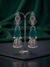 Elegant Long Oxidized Silver Jhumka Earrings with Mint Green and Pink Accents