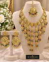 "Regal Cascade Gold-Plated Statement Necklace Set with Multi-Color Beads, Earrings, and Maang Tikka