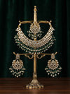 Royal Kundan Necklace Set with Emerald Green Beads and Maang Tikka