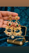 Traditional Floral Kundan & Meenakari Drop Earrings with Emerald-Green Teardrop and Pearl Accents