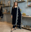 A luxurious deep navy blue velvet suit