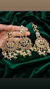 Traditional Kundan Chandbali Earrings and Matching Maang Tikka Set (Green)