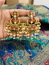Regal Peacock Motif Kundan & Ruby-Emerald Chandbali Earrings