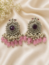 Handcrafted Oxidized Silver Amethyst and Pink Bead Statement Earrings
