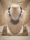 Bohemian Oxidized Silver Crescent Pendant Necklace with Royal Blue Beads and Matching Jhumka Earrings