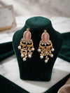 Regal Antique Gold-Finish Blue and Pink Statement Earrings with Pearl Drops