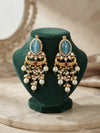 Regal Antique Gold-Finish Blue and Pink Statement Earrings with Pearl Drops
